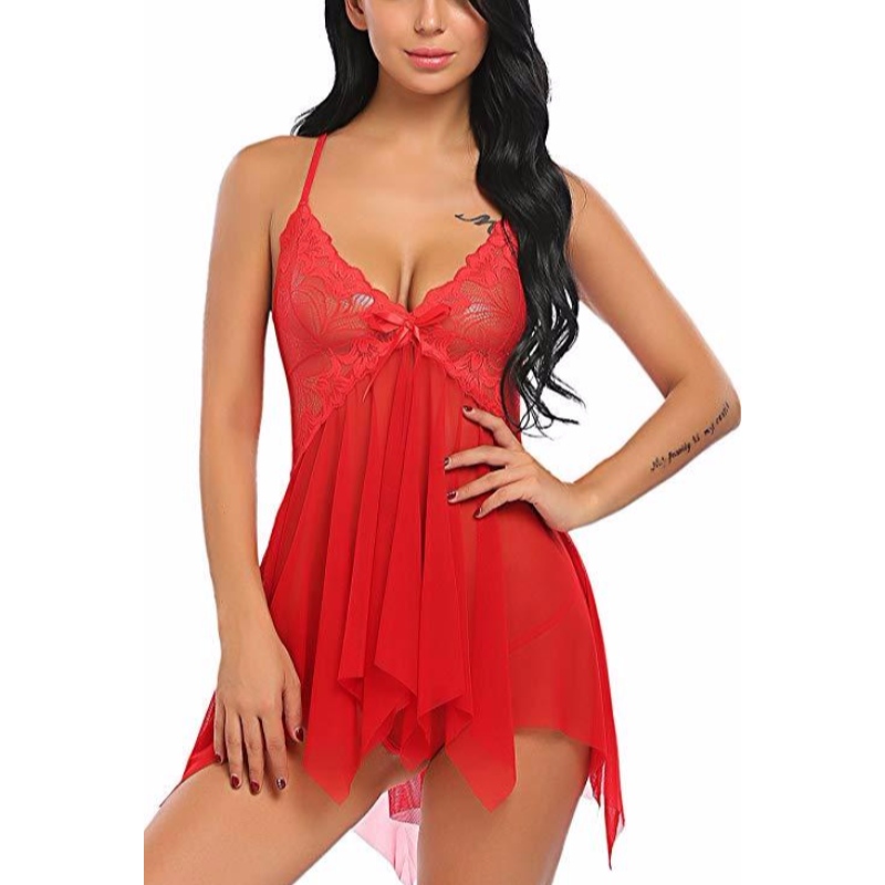 Frauen Dessous Spitze Babydoll V-Ausschnitt Nachtwäsche Strap Chemise Rose-Team