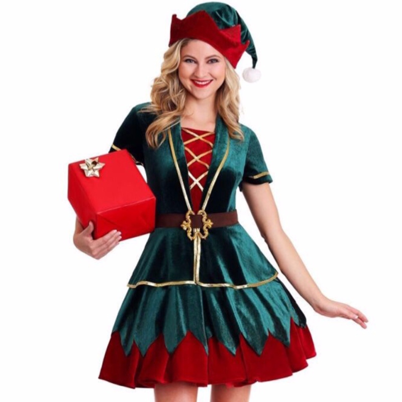4pcs Deluxe Elf Weihnachtsfeier Urlaub Velvet Mini Kleid Kostüm mit Hut