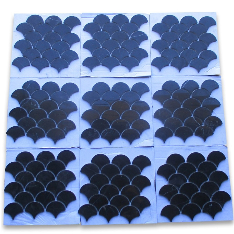 Nero Marquina Marmor Grand Fish Scale fächerförmige Mosaikfliese poliert