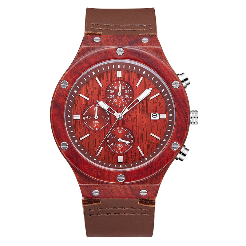 2019 New Red Soft Lederband Sandelholz Dial Wrist Wood Watch