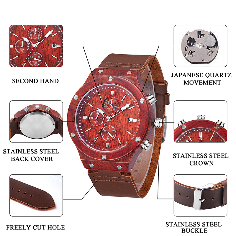 2019 New Red Soft Lederband Sandelholz Dial Wrist Wood Watch