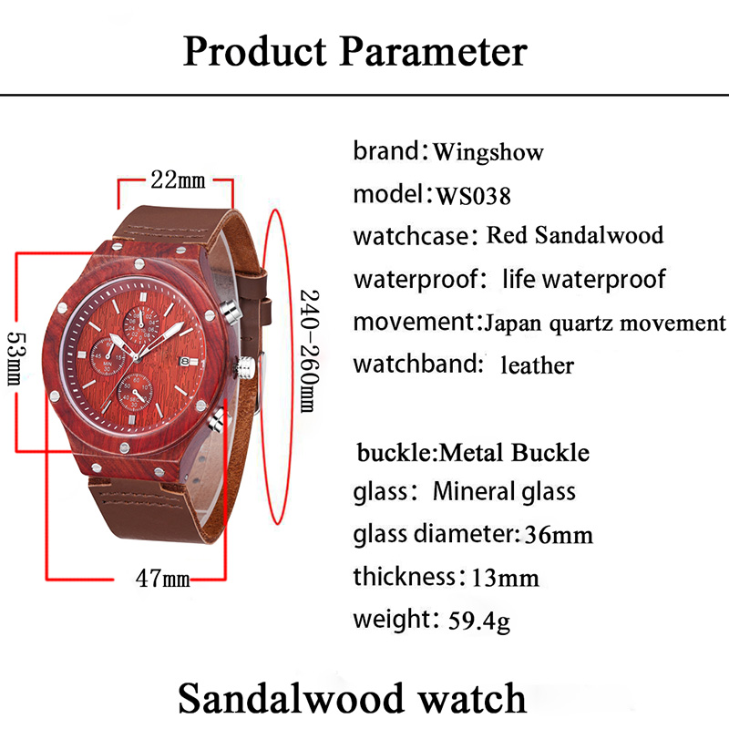 2019 New Red Soft Lederband Sandelholz Dial Wrist Wood Watch