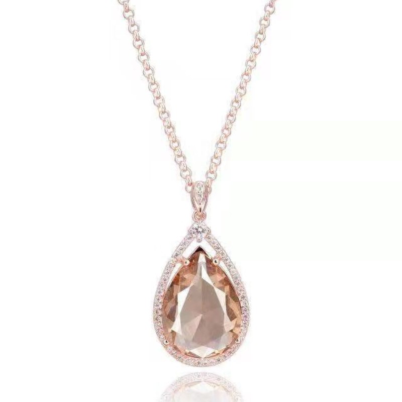 925 Sterling Silber Champagner synthetischen Kristall Edelstein Anhänger Frauen Halskette