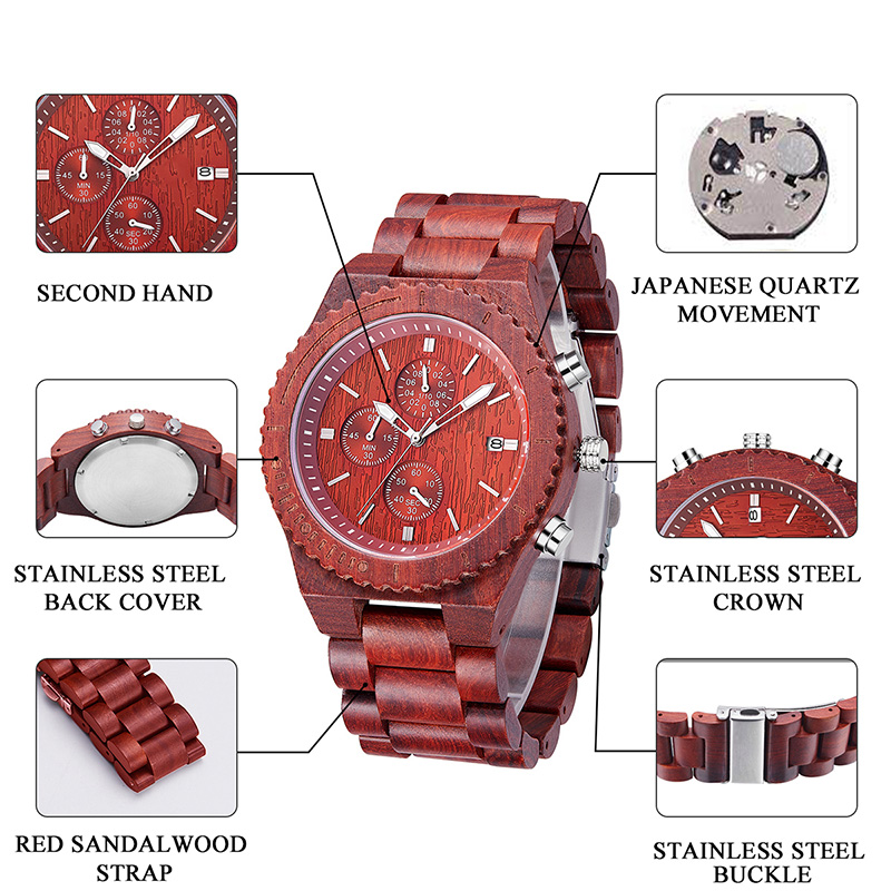 Rotem Sandelholz wasserdichte Uhr mit Datumsanzeige Mode Quarzuhren