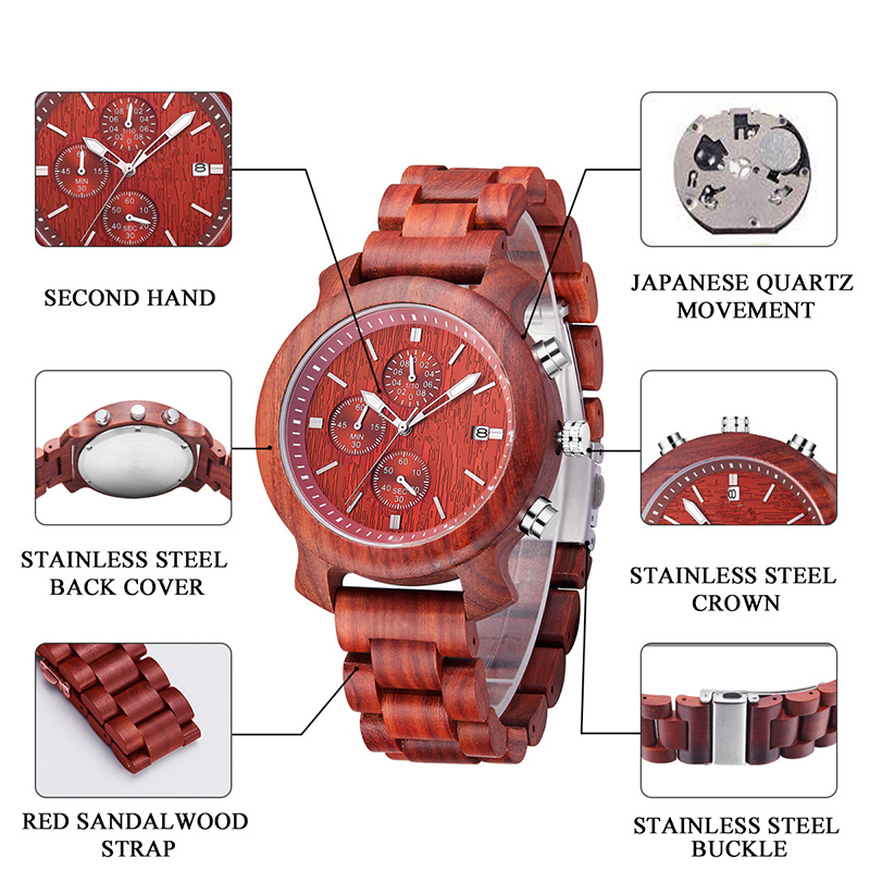 Elegantes stilvolles Reise-Hand-Mens-Schwarz-Sandelholz-Lederband-kundenspezifisches hölzernes Uhrenarmband