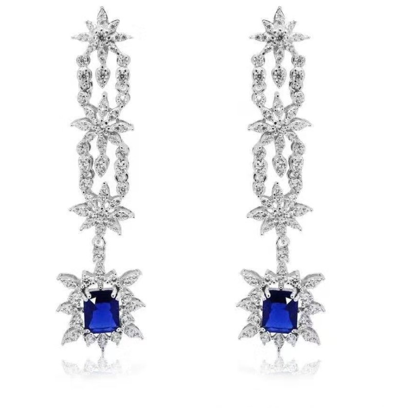 925 Sterling Silber synthetische Saphir Zirkonia Frauen Hochzeit baumeln Braut Ohrringe