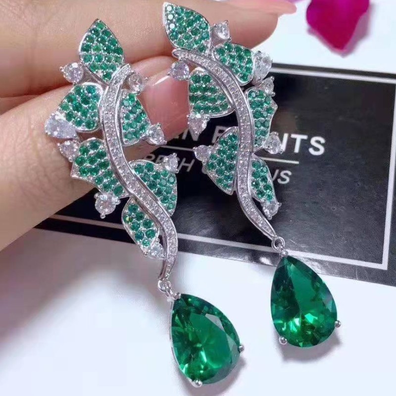 925 STERLING SILVER SYNTHETIC SMARAGDBLATT CUBIC ZIRCONIA WOMEN DANGLE OHRRINGE
