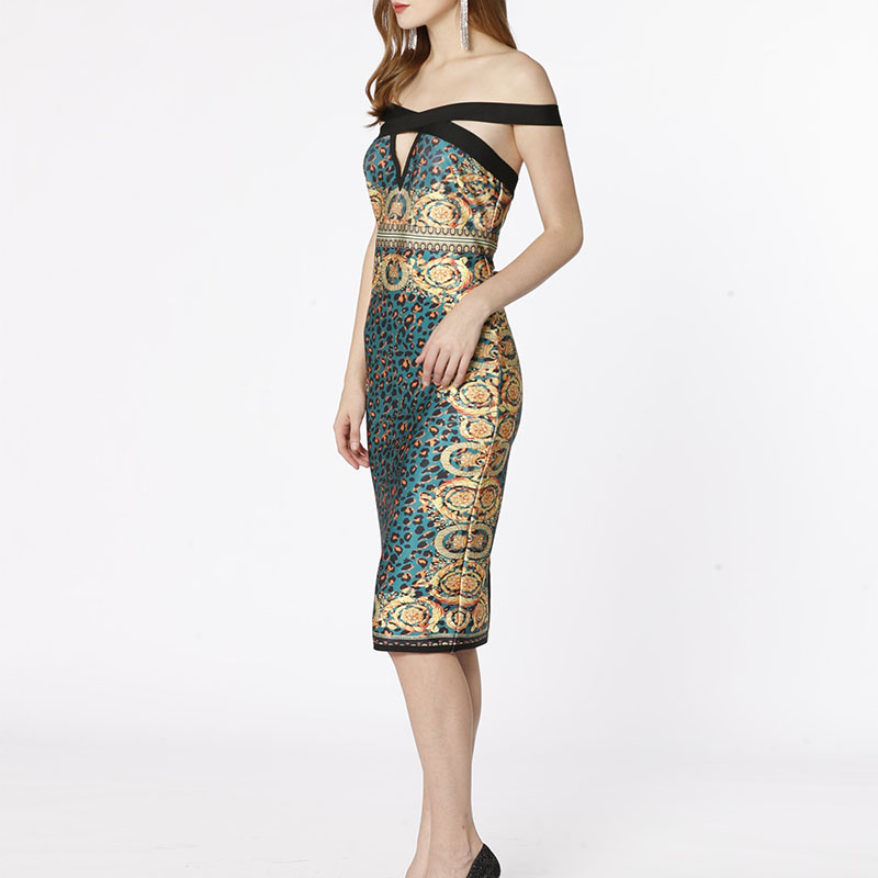 Custom green hohl aus der Schulter animal print Leopard Frauen Abend Party sexy Bodycon Bandage Kleid