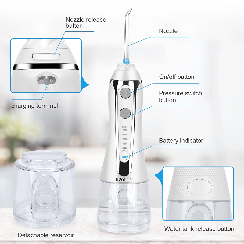 H2ofloss Water Flosser Professional Akku-Munddusche - Tragbare und wiederaufladbare wasserdichte IPX7-Wasserseide zur Zahnreinigung, 300 ml Reservoir Home and Travel (HF-2)