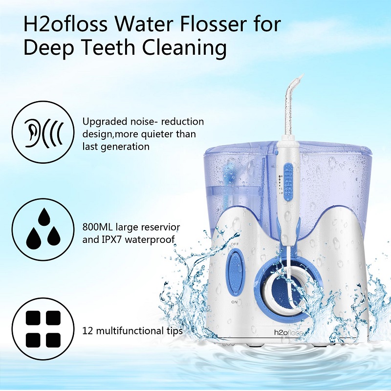 H2ofloss Dental Water Flosser für die Zahnreinigung mit 12 multifunktionalen Spitzen und 800 ml, professioneller Arbeitsplatte Munddusche Ruhiges Design