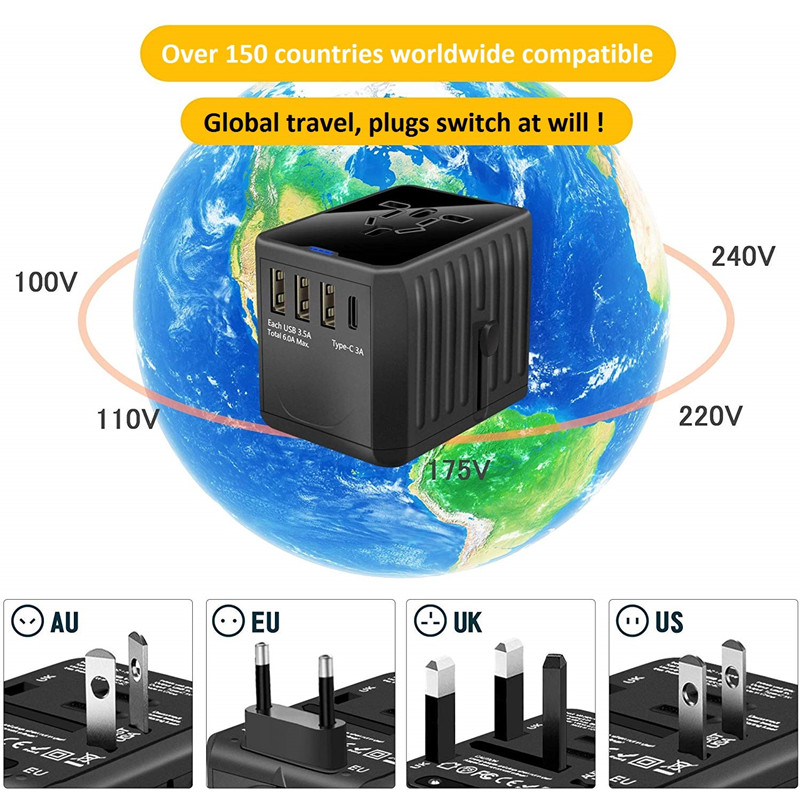 Max. Leistung 1920W & 30W (3USB & 1Typ C) Superschnelles Aufladen Universal-Reiseadapter Weltweites Reiseleistungsadapter Universal-Wandadapter mit PD und Schnellladung 3.0 für US EU UK AUS (Paket kann variieren)