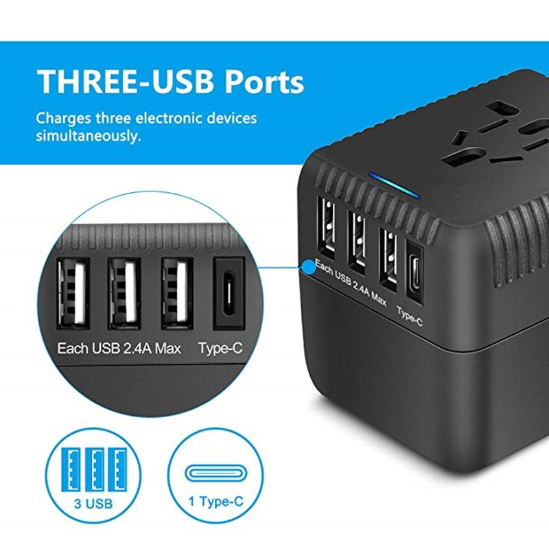 RRTRAVEL Universal Travel Adapter, All in One International Power Adapter mit 3 USB + 1 Typ-C Charging Ports, European Plug Adapter, AC Outlet Plug Adapter für europäische, US, UK, AU 160+ Länder