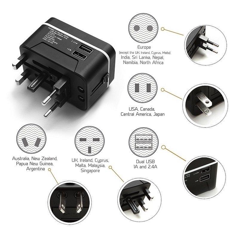 RRTRAVEL Reiseadapter, Universal International Power Adapter mit 2 USB-Anschlüssen und europäischem Steckeradapter, gut für Handy-Laptops in über 150 Ländern