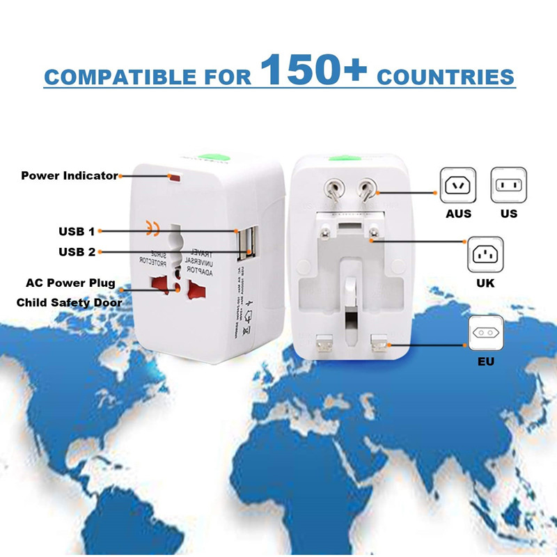 RRTRAVEL 931D Worldwide Travel-Netzteil, Universal-Reiseadapter Netzsteckeradapter mit zwei USB-Anschlüssen für USA EU UK AUS Handy-Laptop-Abdeckungen 150+ Länder