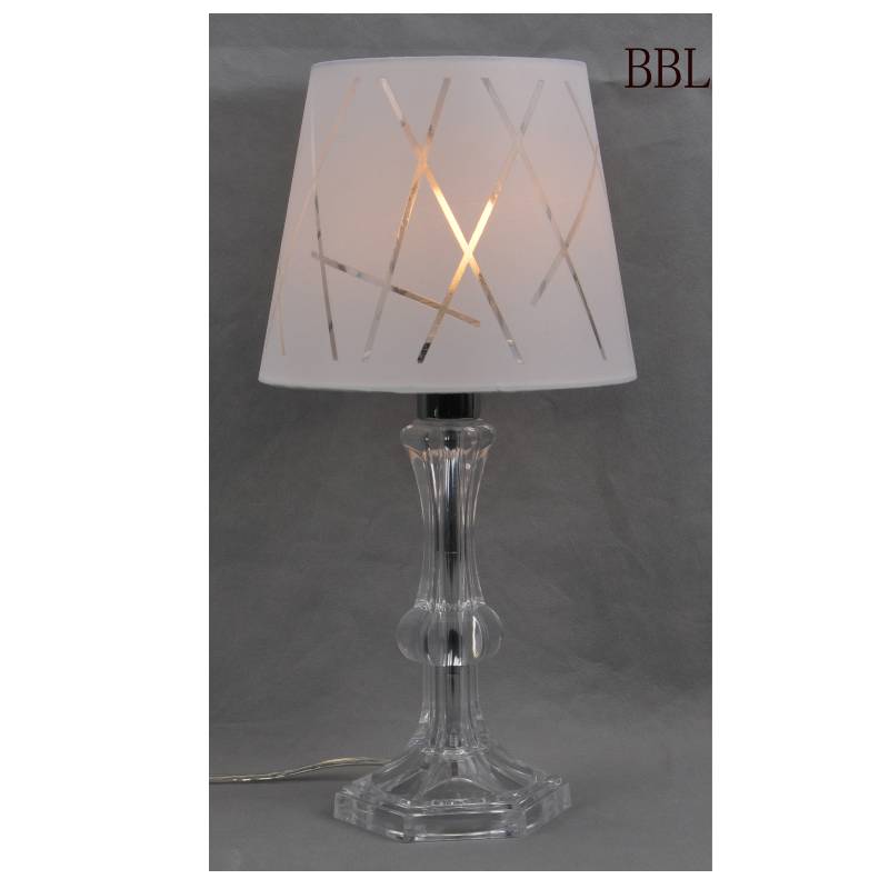 Tischlampe mit Stoffschatten und durchsichtigem Acryllampenkörper