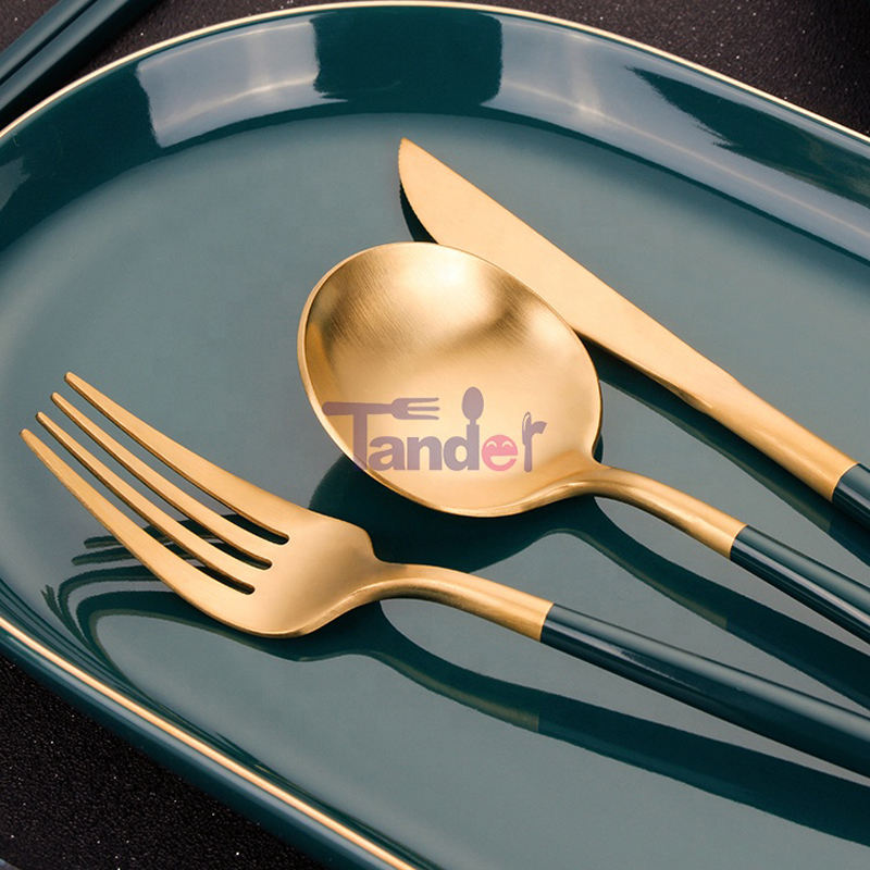 Green Handle Edelstahl Hochzeit Full Restaurant Matte Gold Spoon Messer Besteck Set
