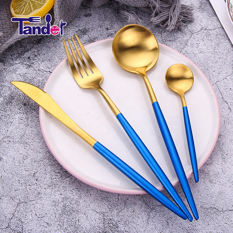 Glaskeramik-Stil Gold-Flat-Set aus Edelstahl blauer Handgriff Besteck Set