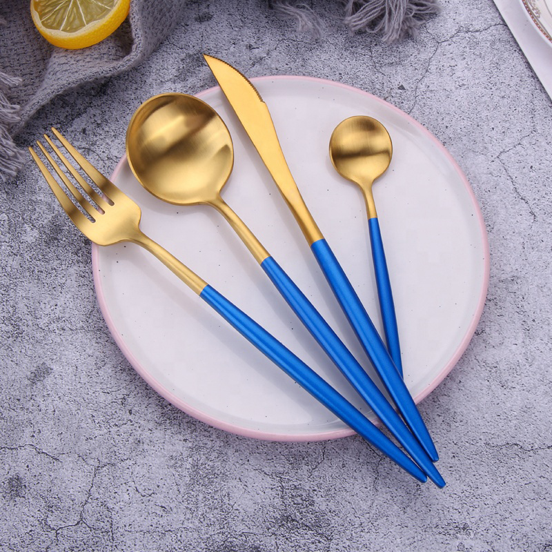 Glaskeramik-Stil Gold-Flat-Set aus Edelstahl blauer Handgriff Besteck Set