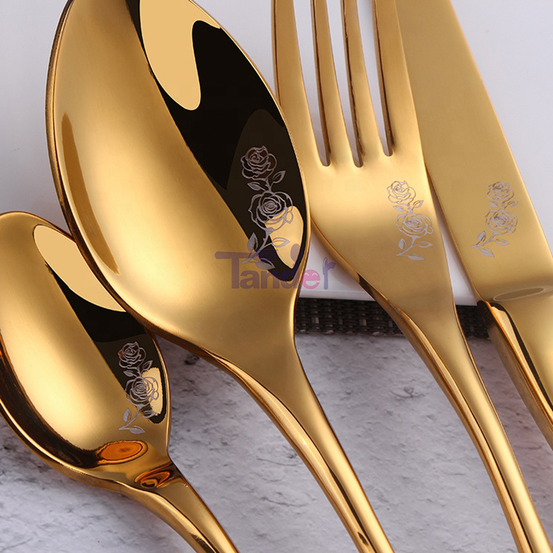 hochwertige Anpassung der Laserstruktur Flachware Luxus Edelstahl Besteck Set 18/10