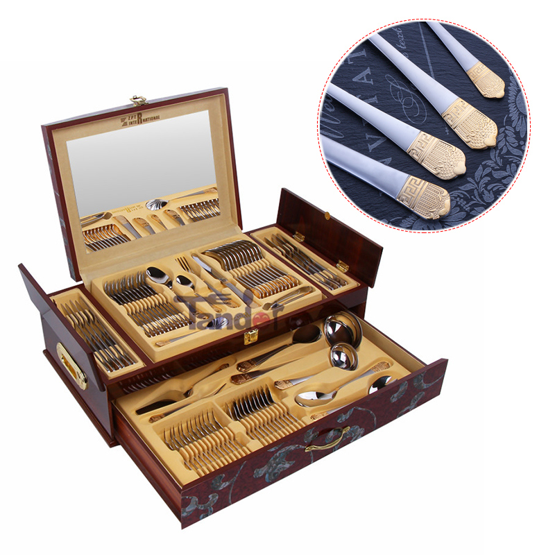 72pcs königlicher Edelstahlplattformen vergoldeter Luxus-Besteck mit Holzkiste