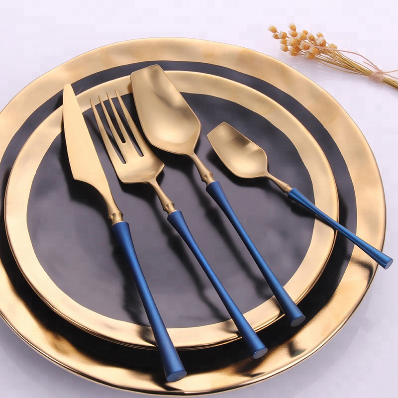 Blauer Griff Malerei schlanke Taille Stil Flachware Set Gold Edelstahl Besteck Set