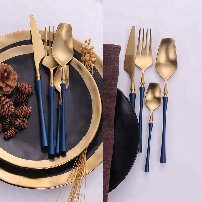 Blauer Griff Malerei schlanke Taille Stil Flachware Set Gold Edelstahl Besteck Set