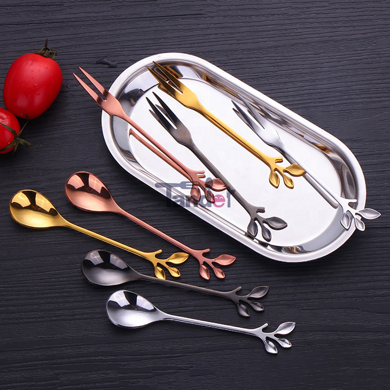 Branch Shape Coffee Spoon Fruit Fork Mirror Small Spoon and Fork Stainless Steel