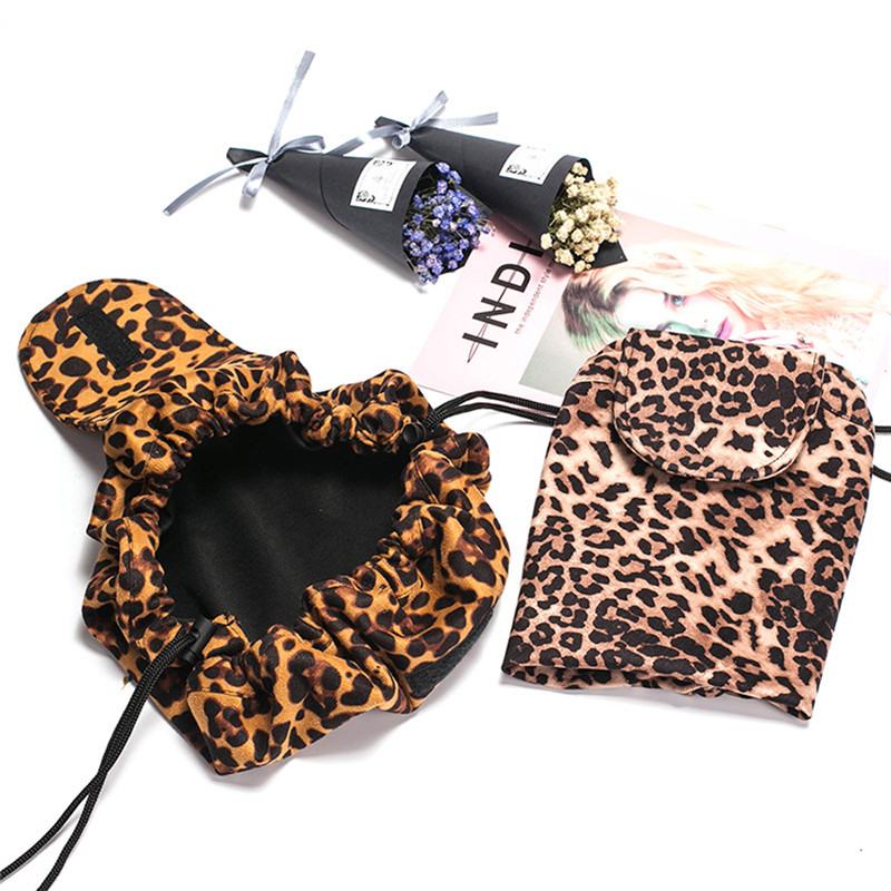 Lazy Cosmetic Bag / Make-up-Tasche mit Kordelzug / Kulturbeutel / Reisetasche mit großer Kapazität / Make-up-Organizer für Frauen und Mädchen - Leopard…