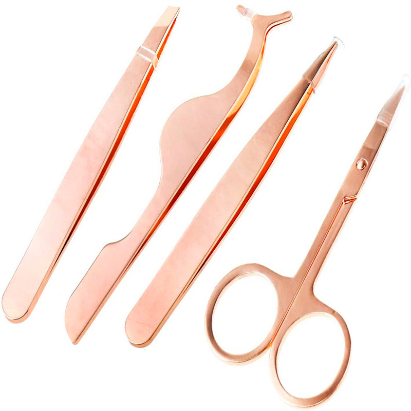 4 Stück Set Edelstahl Roségold Augenbrauenschere Pinzette Wimpern Applikator Schrägspitze Haarpinzette Make-up Use Tool Kit