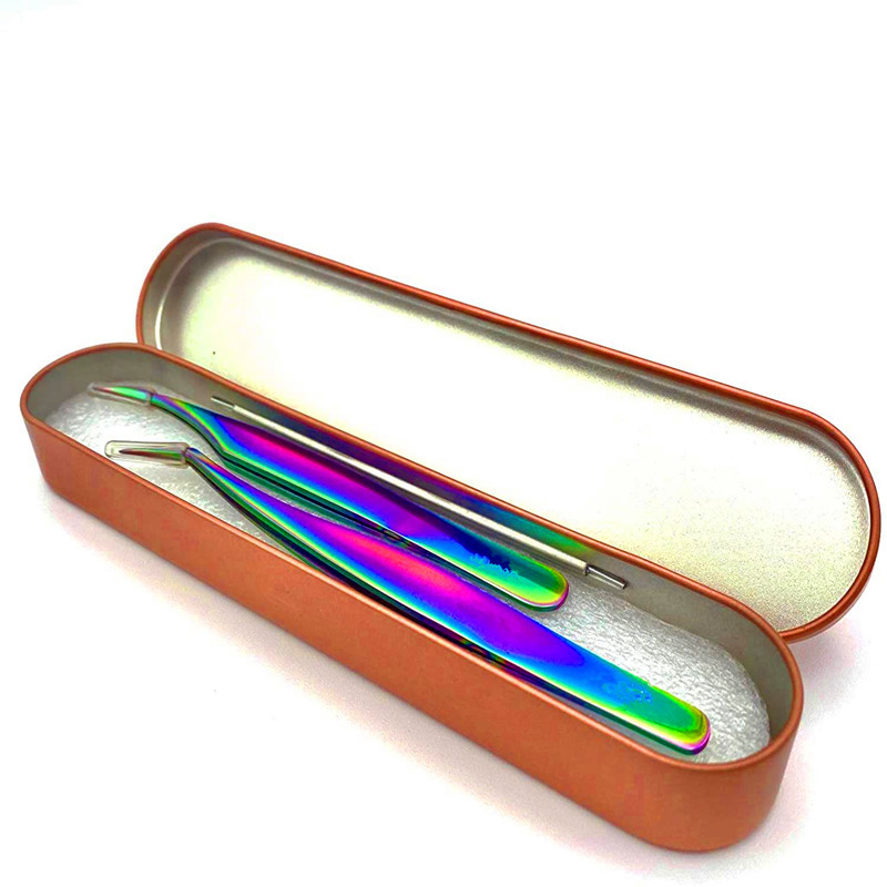 2-teiliges Wimpernverlängerungs-Pinzetten-Kit, bunte Oberfläche aus Edelstahl-Regenbogen 3D 4D 5D 6D professionelle Wimpernverlängerungen Volumenform Gebogene Pinzetten-Picker mit Aluminuim-Box-Etui aus Spitze