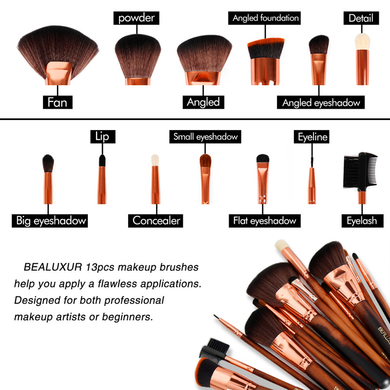 BEALUXUR 13-teilige Make-up-Pinsel mit Ledertasche Premium Synthetic Cosmetic Pinsel-Kit Umweltfreundliches Pinsel-Set