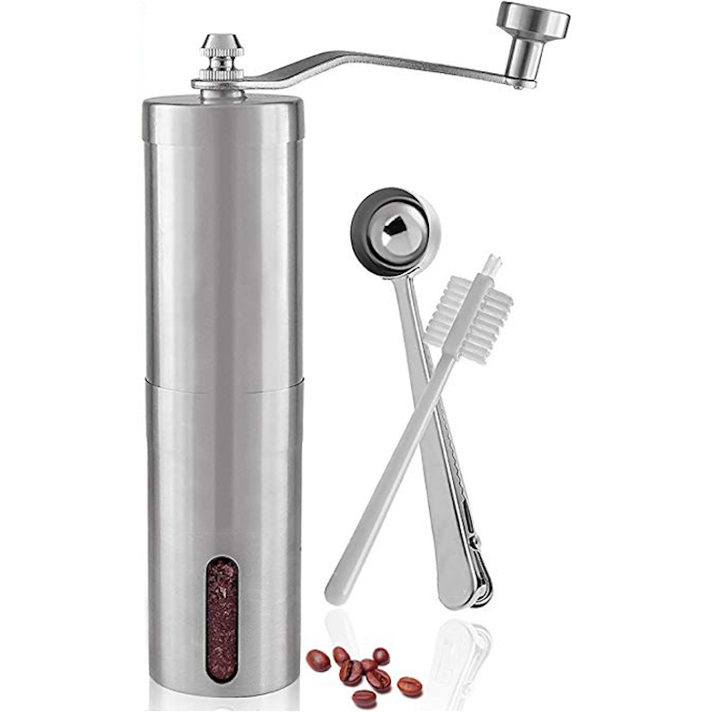 Edelstahl Cordless Portable Manual Coffee Grinder Conical Burr Hand Coffee Bean Grinder mit Bürstenlöffel