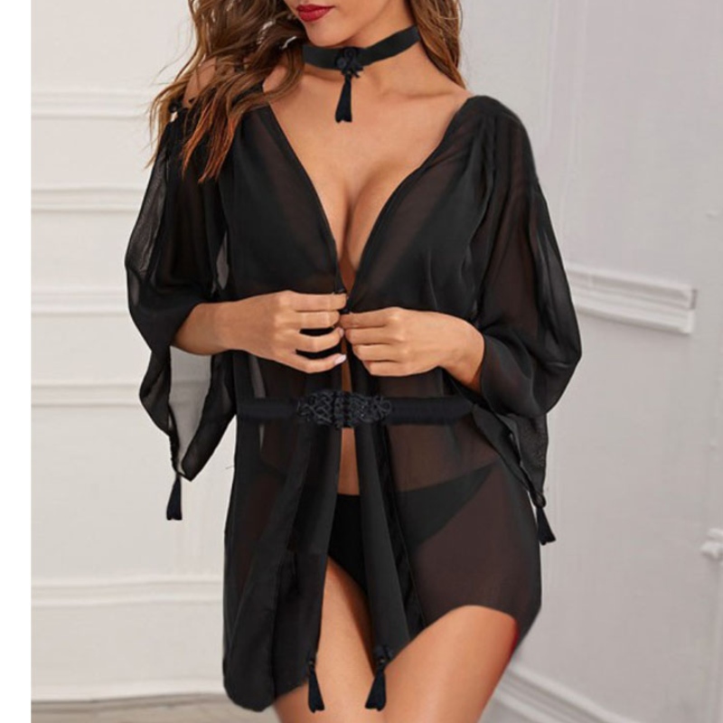 sexy Dessous Bodysuit, Dessous sexy Chaude transparent, Frauen sexy Dessous Sexy durchsichtige Langarm Chiffon unregelmäßige Trim dünnes Nachthemd mit G-String