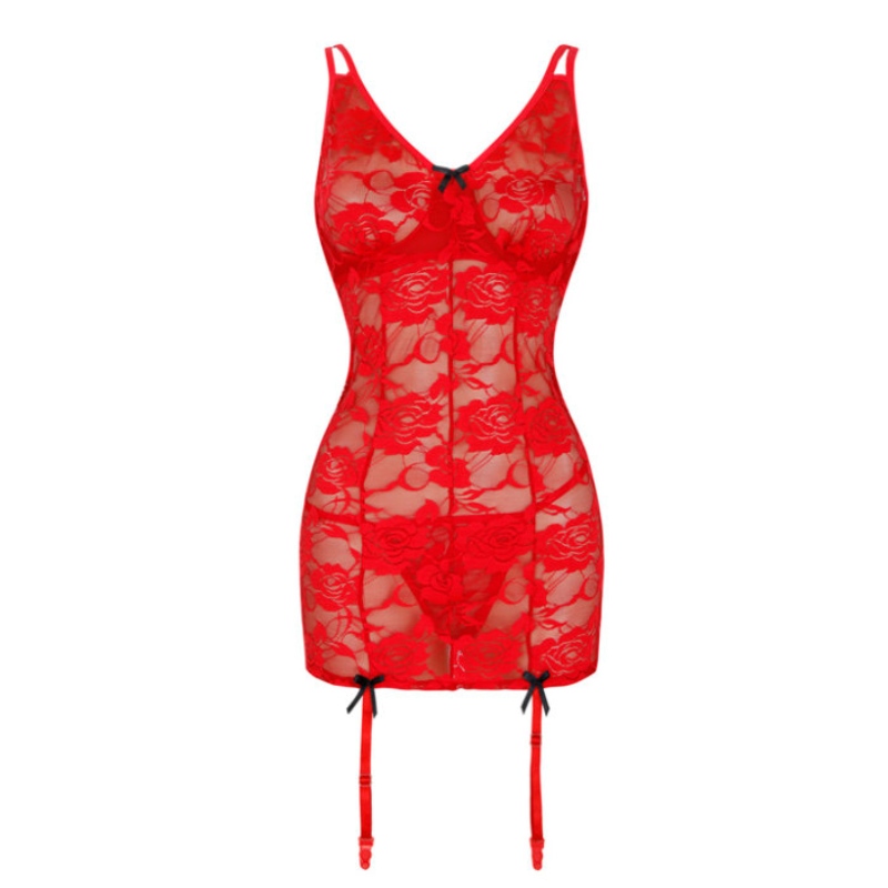 sexy Dessous für Frauen, sexy Dessous für Frauen in Übergröße, sexy Dessous für Sex Red Durchsichtige Blumenspitze Spaghettiträger Chemise Dessous Set