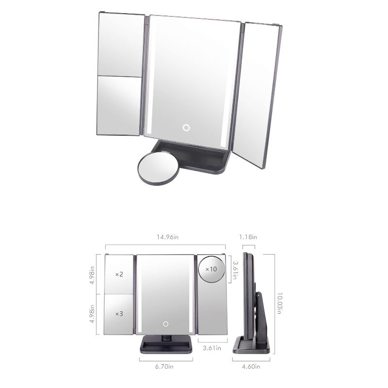 BEALUXUR Beleuchteter dreifach gefalteter Kosmetikspiegel, LED-Faltung 1X 2X 3X 10X Vergrößerungs-Kosmetikspiegel Touchscreen-Schalter, doppelte Stromversorgung, 180-Grad-Drehung