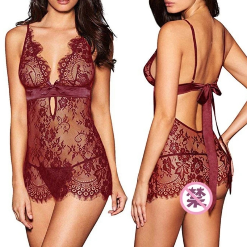 Plus Size Deep V Spitze Bandage Babypuppe (mit G-Strings) Dessous sexy heiß transparent