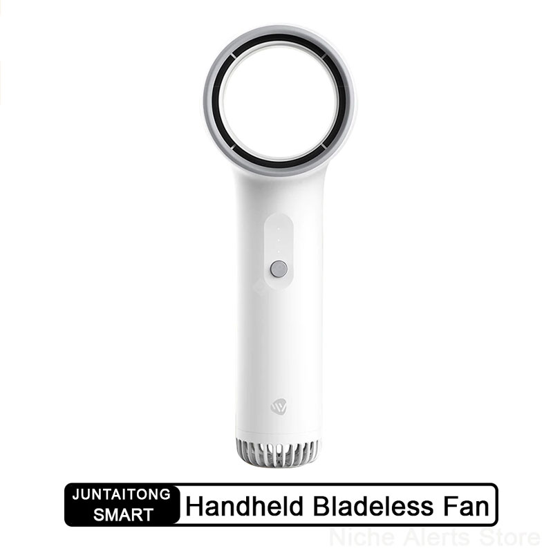 Juntaitong MiNi Handheld Bladeless Fan Bladeless Sicherheit Starker Wind Geräuscharm Schöne und tragbare Flügelschaufel Auto Reisen Verwenden Sie Lüfter - Weiß