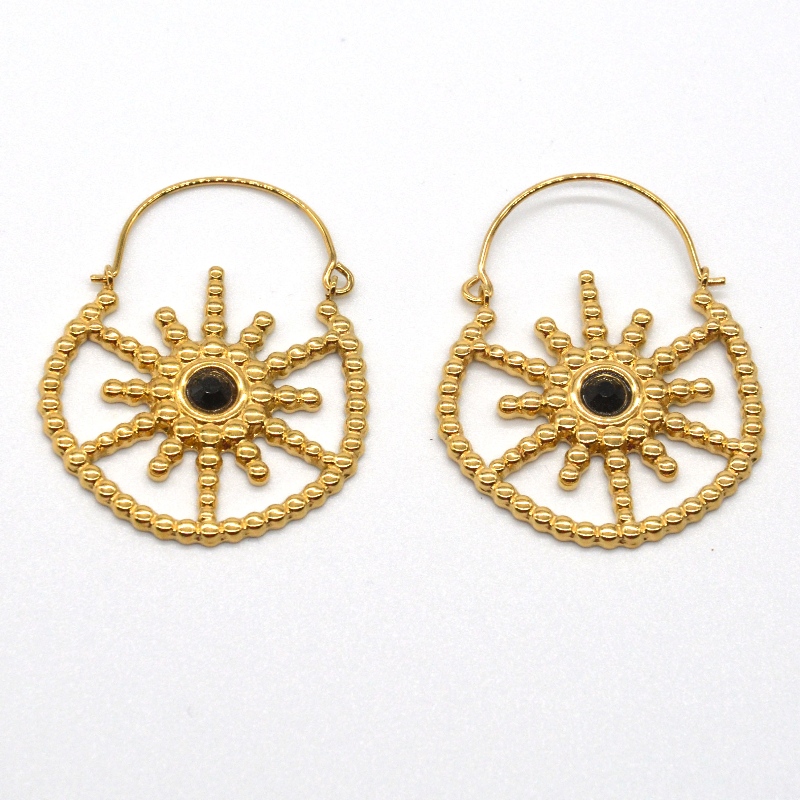 Damen vergoldeten Schmuck böhmischen Stil Vintage Blumen schwarz Achat Ohrringe China Ruifanbao Schmuck Verarbeitungsfabrik