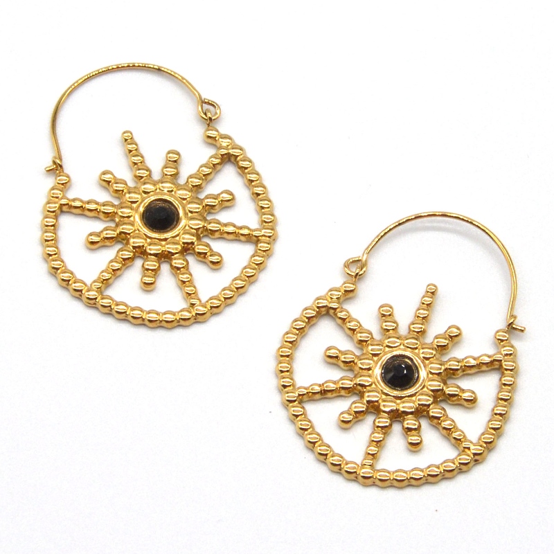 Damen vergoldeten Schmuck böhmischen Stil Vintage Blumen schwarz Achat Ohrringe China Ruifanbao Schmuck Verarbeitungsfabrik