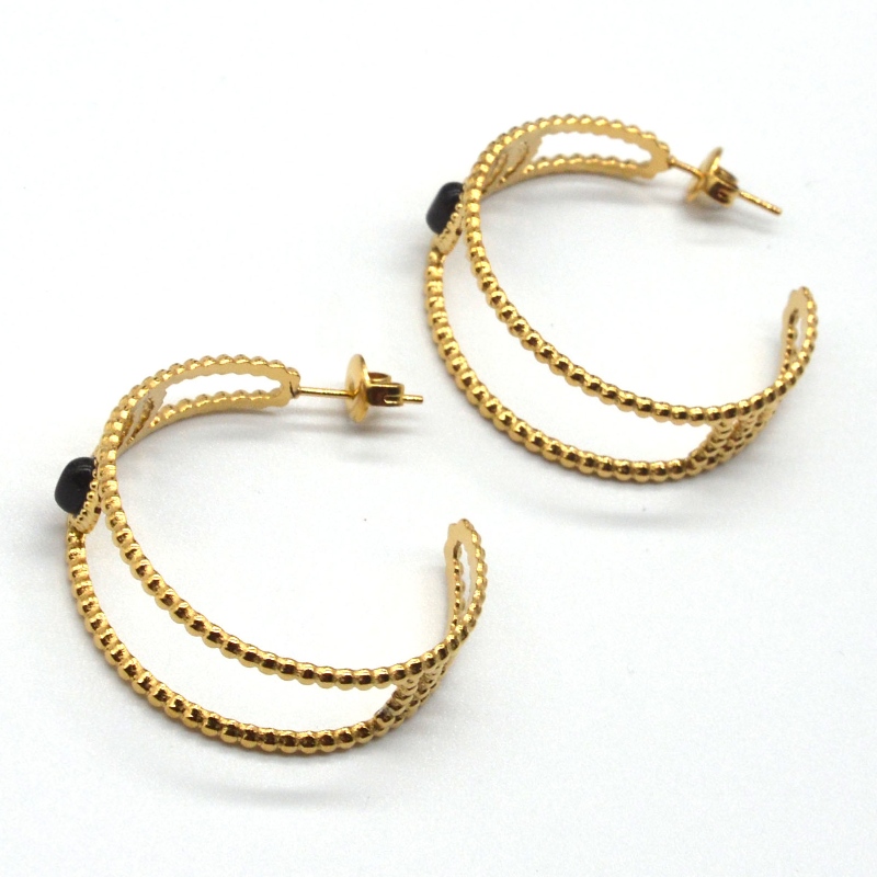 Gold Creolen, C-förmige Creolen, schwarzer Achat, weibliche empfindliche Ohren, hypoallergener Schmuck, China Ruifanbao Schmuckverarbeitungsfabrik