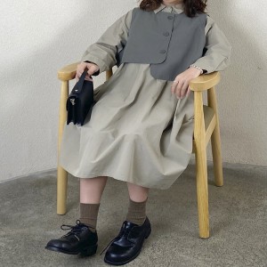 Loose-fitting design Minimalist Stylish Casual Solid color Printed color cotton and linen oversized custom 19530 Shirt Dress + Waistcoat