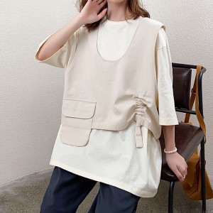 Locker sitzendes Design Minimalistischer runder Kragenstil Genähter Ärmelstil Lässig Einfarbige T-Shirts aus Baumwolle und Leinen in Übergröße nach Maß 19527 T-Shirts + Westen