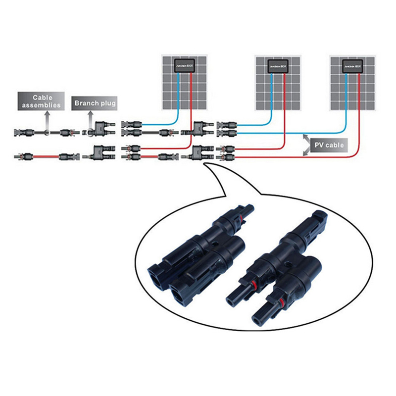 2 bis 1 Solarverbinder Multiple T-Zweig-Photovoltaik-Anschluss für Sonnenkollektoren-Anschluss männlicher und weiblicher Stecker