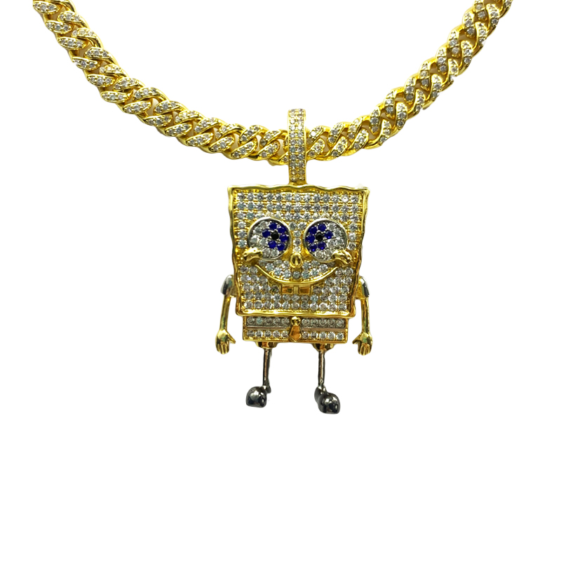 Mode Cartoon Spongebob SquarePants Inlaid Zirkon Anhänger Hip Hop Street Trend Halskette