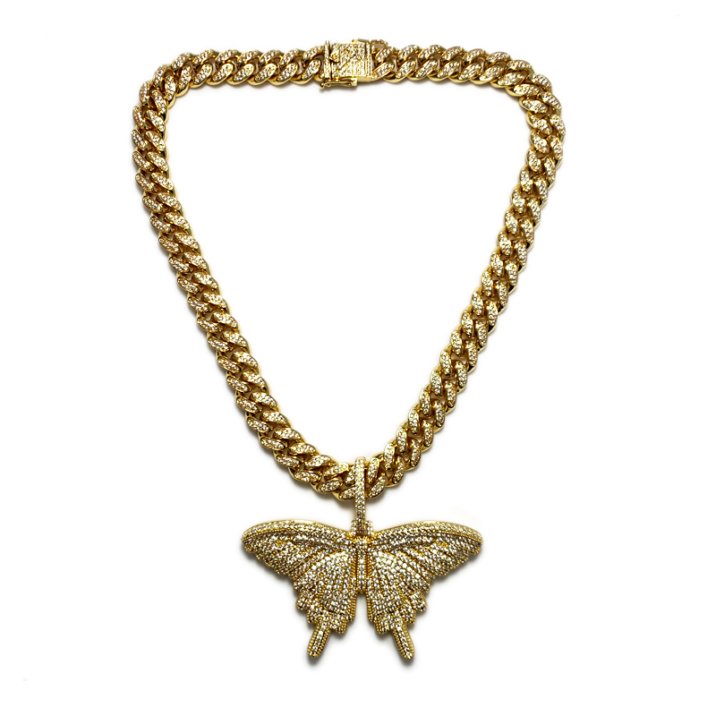 Mode Bling Rosa Schmetterling Halskette Große Größe Glänzend Schmetterling Anhänger mit kubanischer Kette