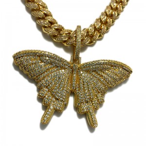 Mode Bling Rosa Schmetterling Halskette Große Größe Glänzend Schmetterling Anhänger mit kubanischer Kette