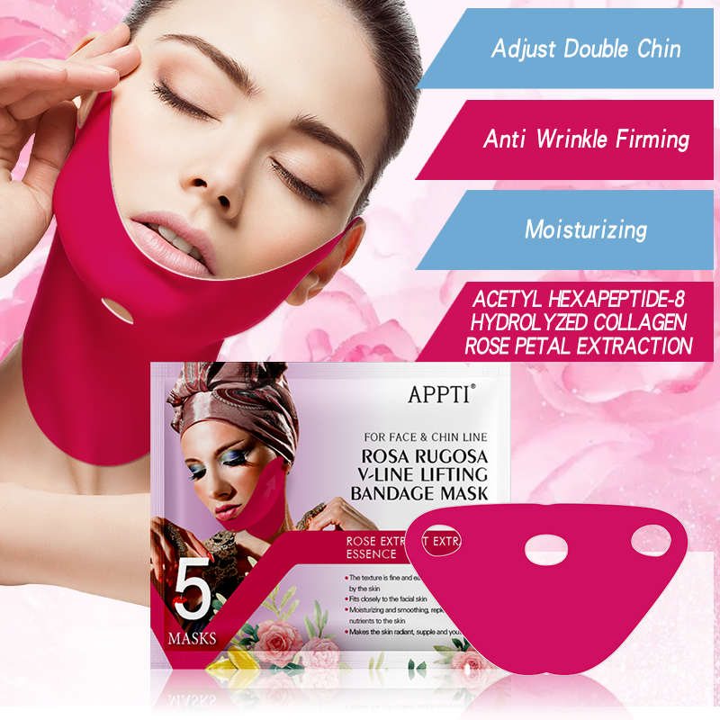 APPTI Rose Rugosa V-Line Hubing Bandage Maske Gesicht Abnehmen Riemen Schönheit Doppelkinn Reduzierer Hydrogel Gesichtsmaske, um das Kinn anzuheben und Haut festziehen