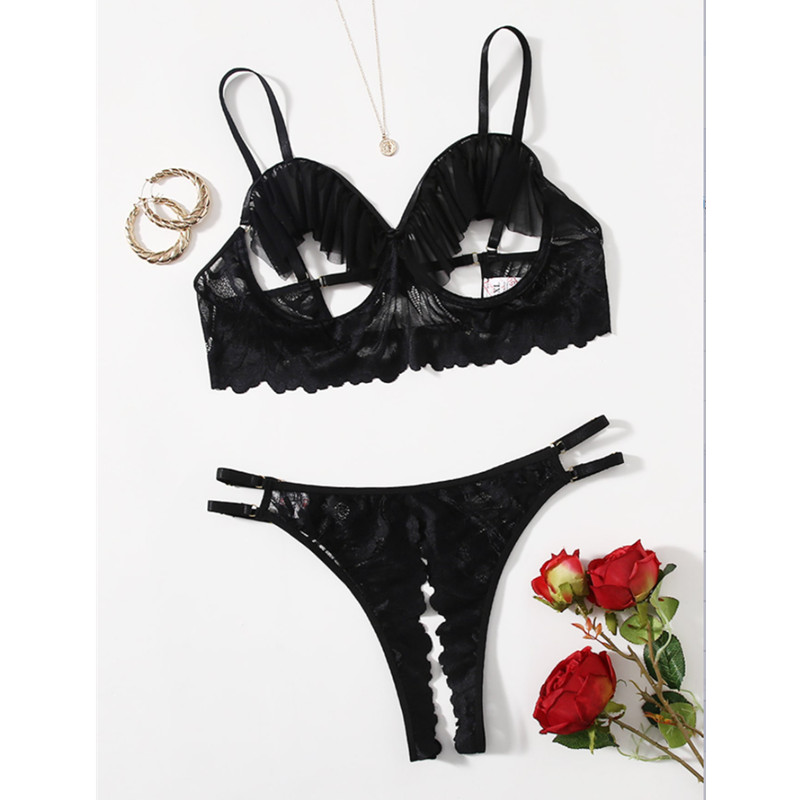 Neue heiße Mode schwarz aushöhlen Spitze Mesh Frauen Minikleid Sexy Lingersi