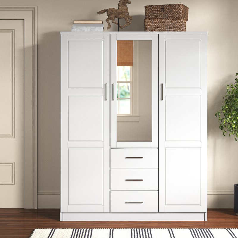MWD22008-Massivholz-Familiengarderobe/closet/closet, 3-türiger Schrank mit Spiegel und 3 Schubladen, weiß.