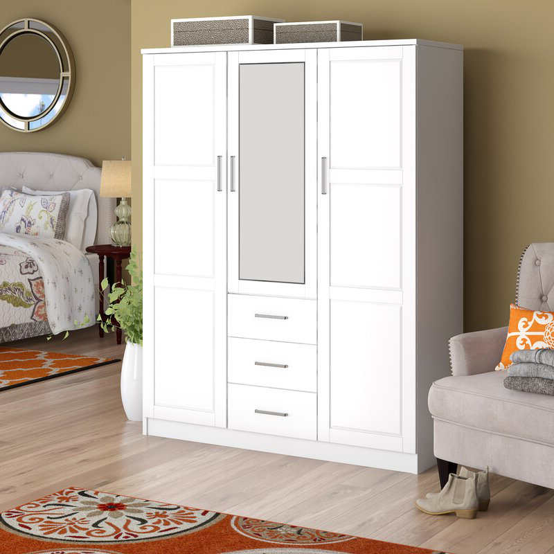 MWD22008-Massivholz-Familiengarderobe/closet/closet, 3-türiger Schrank mit Spiegel und 3 Schubladen, weiß.